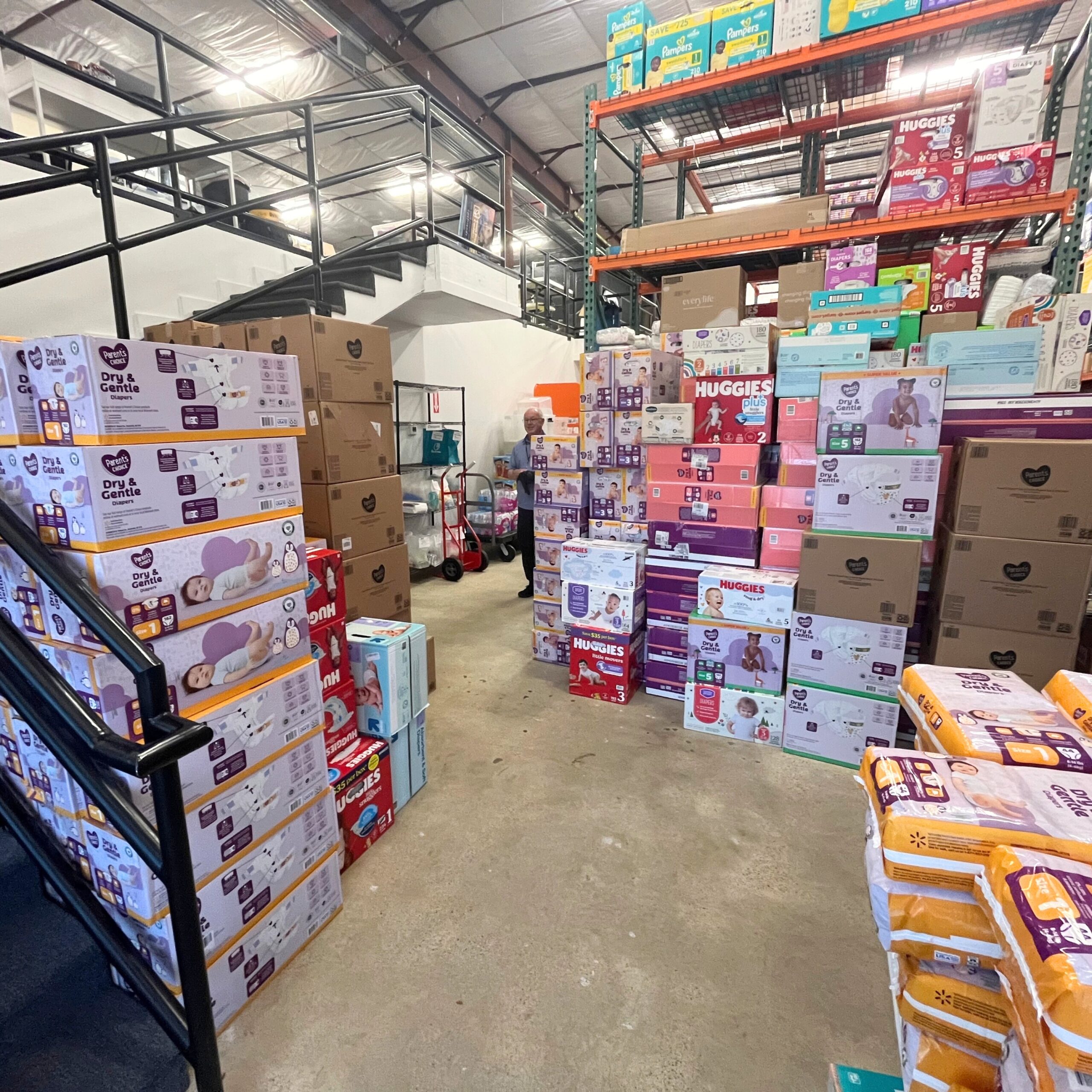 warehouse facility with baby items in boxes